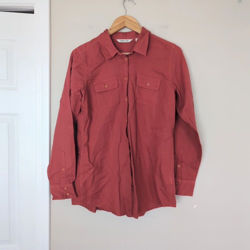 Orvis Women's Linen Cotton Blend Long Sleeve Button Up Top Medium Breathable